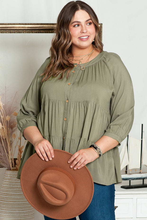 Green Plus Size Ruffle Tiered Split Neck Shirt