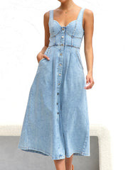 MeiMei Sweetheart Neck Wide Strap Denim Dress