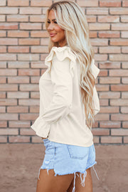 Beige Ruffled Flounce Sleeve Corduroy Blouse