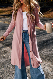 Pink Ribbed Button-Up Split Duster Cardigan