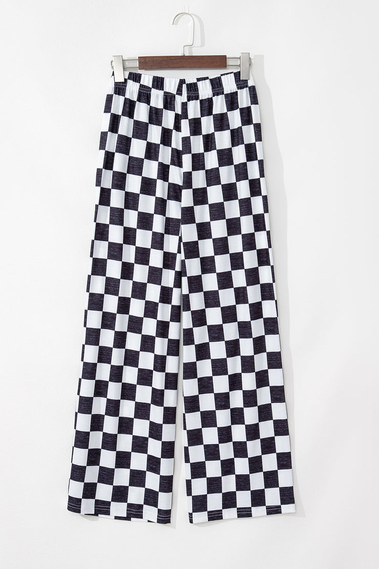 Black 2-Tone Checked Print High Waist Wide Leg Pants