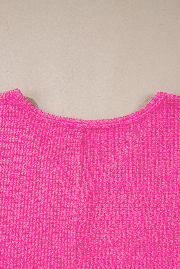 Rose Red Waffle Knit Side Slits Loose Fit V Neck Top