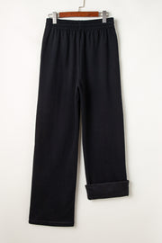 Black Solid Color Fleece Lined Drawstring Waist Casual Pants