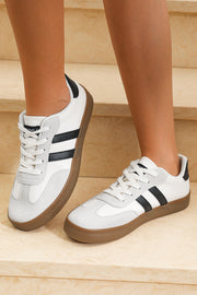 White Striped Lace Up Flat Sneakers