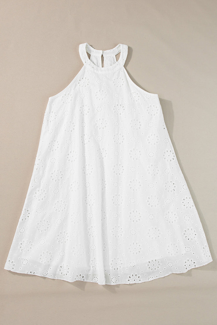 White Boho Eyelet Pattern Halter Neck Sleeveless Dress