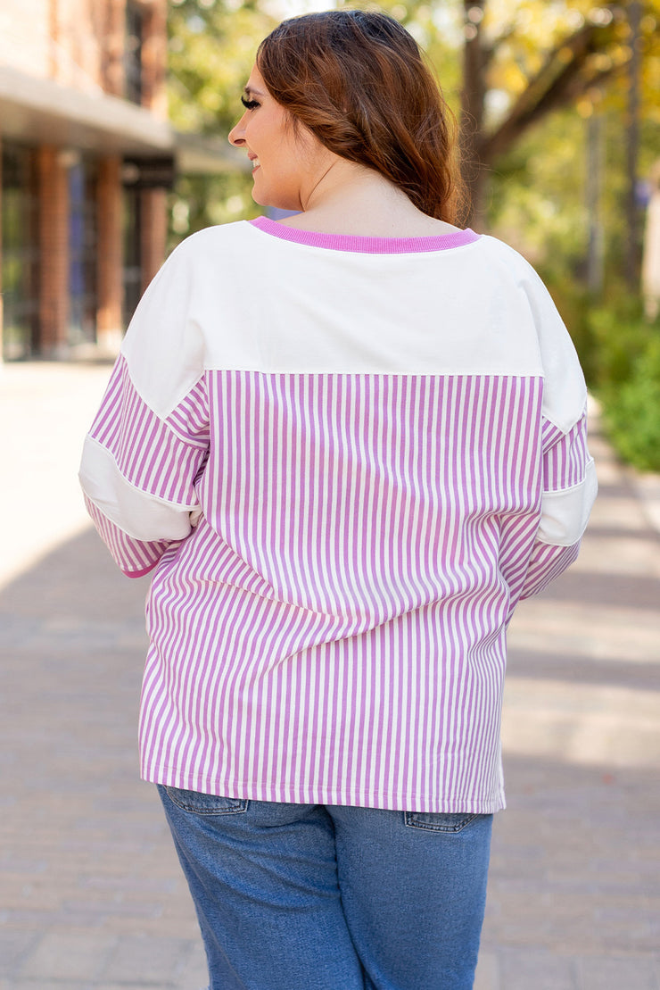 Pink Stripe Patchwork Bracelet Sleeve Plus Size T Shirt