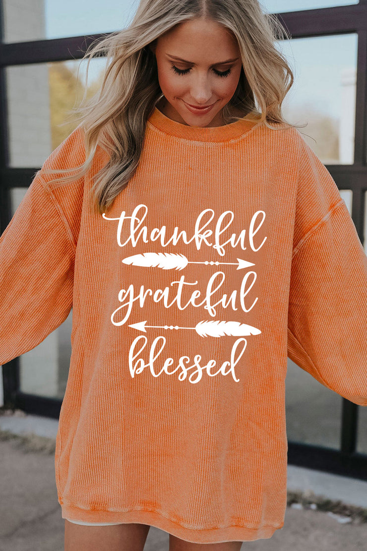 Orange thankful grateful blessed Arrow Graphic Corded Sweatshirt