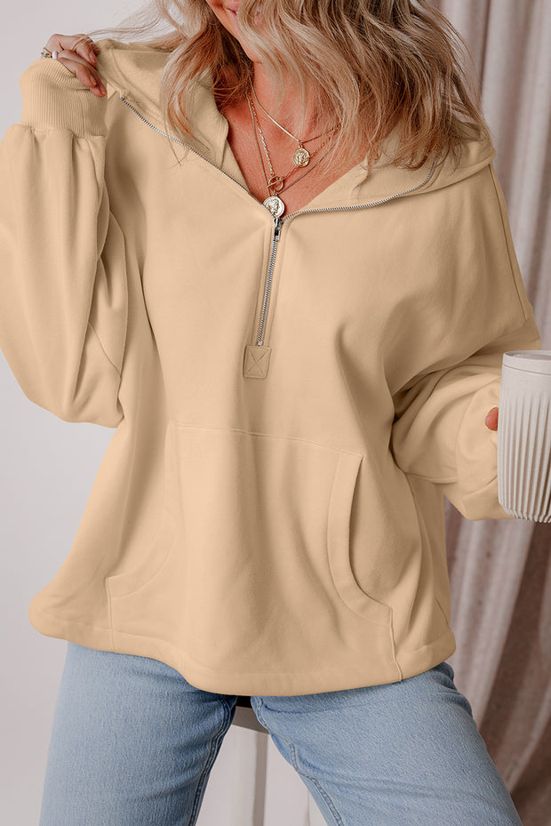 Parchment Fleece Lined Half Zipper Kangaroo Pockets Loose Hoodie