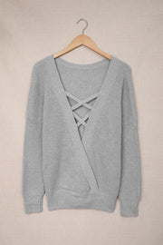 Gray Cross Back Hollow-out Sweater