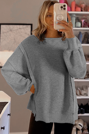 Gray Waffle knit Bishop Sleeve Split Oversized Top