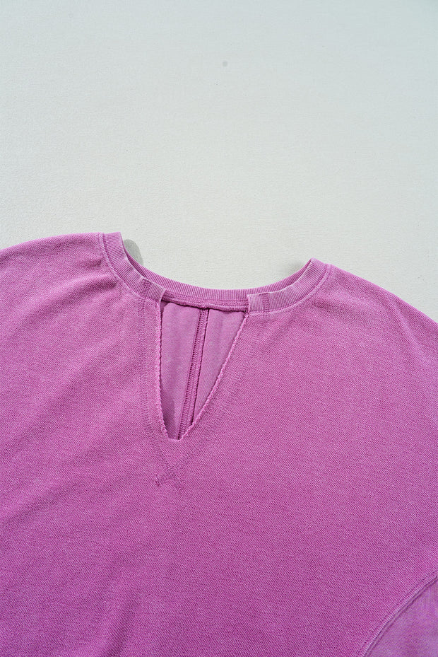 Bright Pink Solid Color Notched Neck Drop Shoulder Sweatshirt