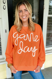 Russet Orange Tinsel Game Day Drop Shoulder Graphic Sweatshirt