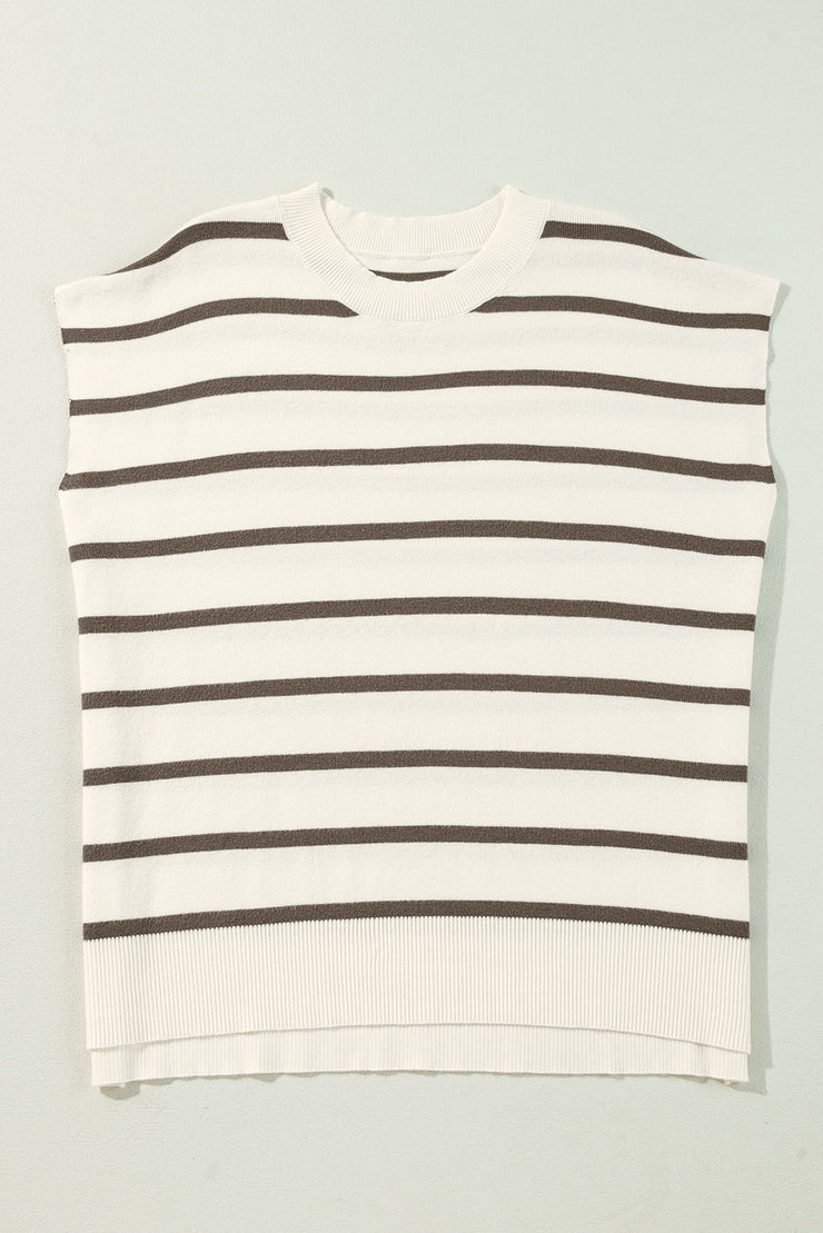 Brown Stripe Side Slits Crewneck Short Sleeve Sweater Tee