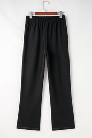 Black Solid Color Fleece Lined Drawstring Waist Casual Pants