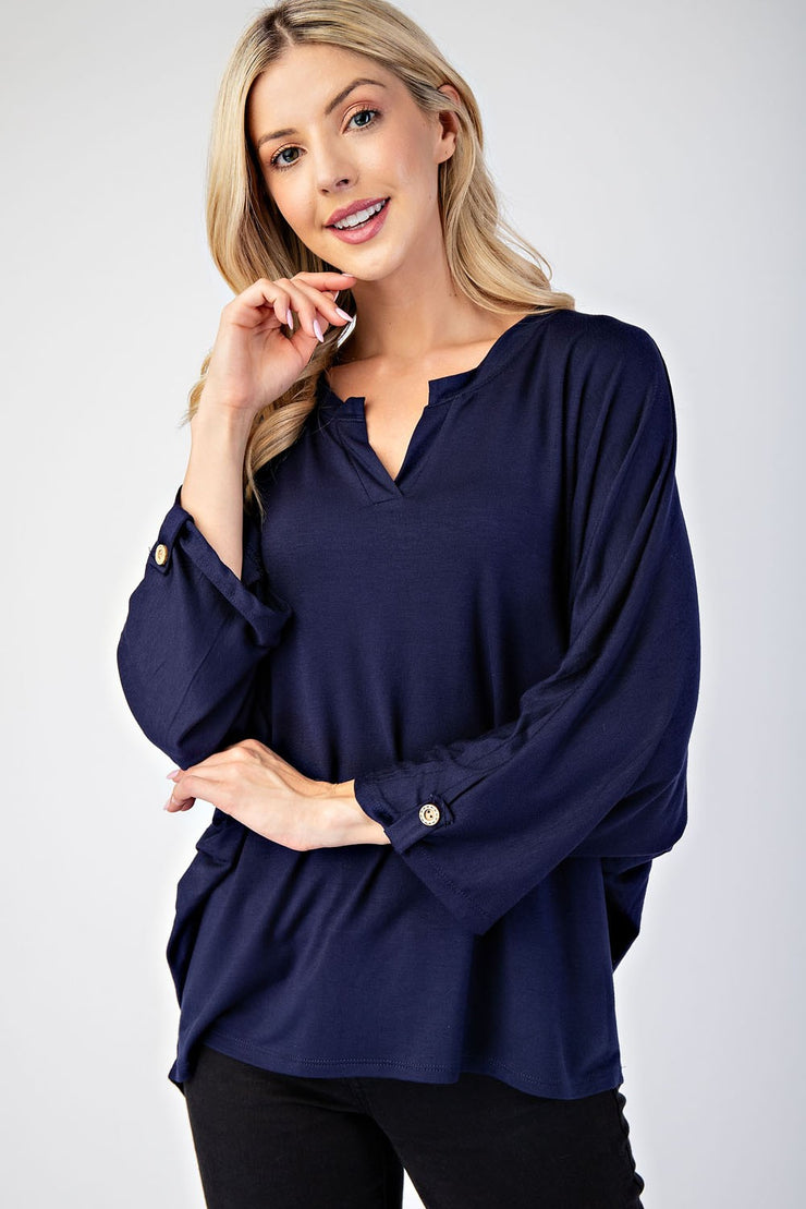 Celeste Full Size Notched Three-Quarter Sleeve Blouse