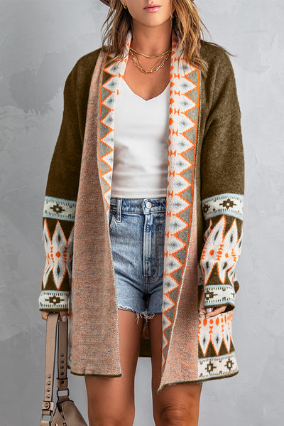 Brown Aztec Print Open Front Knitted Cardigan