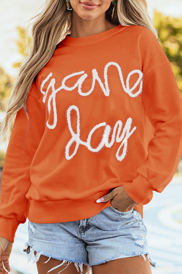 Russet Orange Tinsel Game Day Drop Shoulder Graphic Sweatshirt