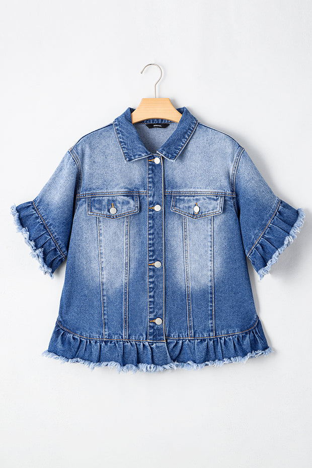 Peacock Blue Raw Edge Ruffled Short Sleeve Denim Jacket