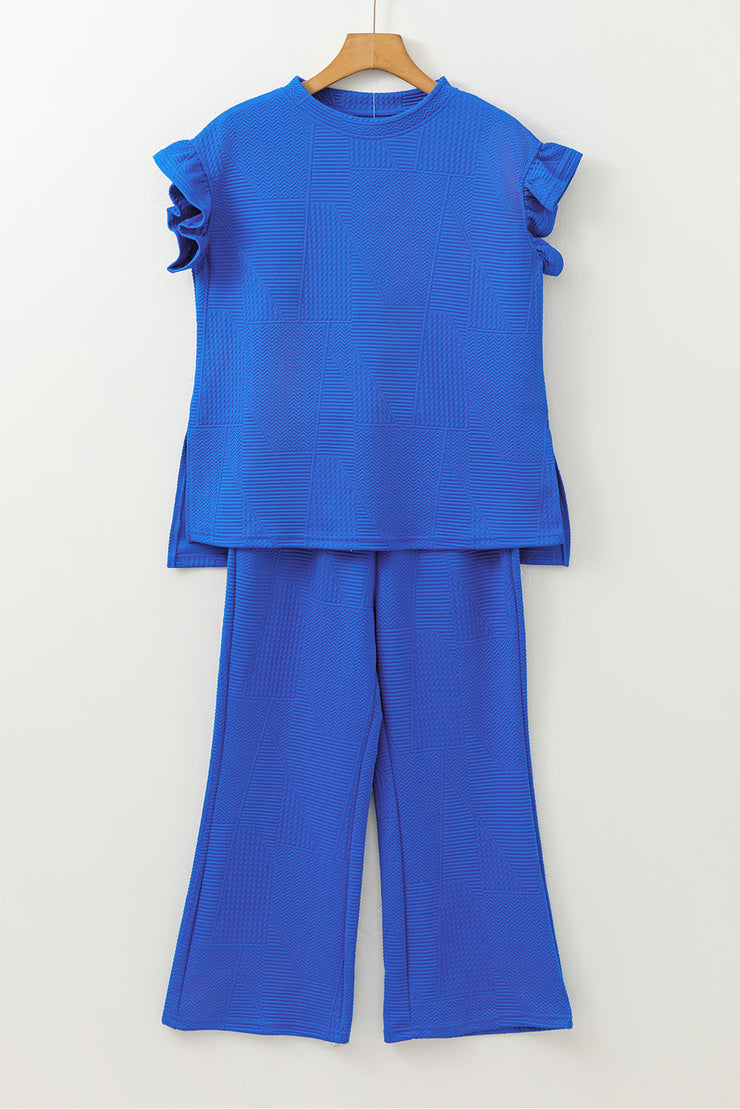 Dark Blue Ruffled Sleeve Summer Top and Cropped Loose Pants Set