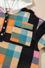 Multicolour Plaid Color Block Flap Pocket Buttoned Hoodie