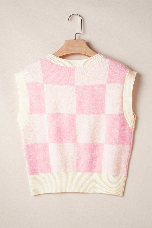 Pink Preppy Bow Detail Checkered Sweater Vest