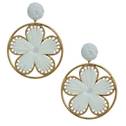 White Raffia Flower Round Earrings