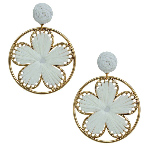 White Raffia Flower Round Earrings