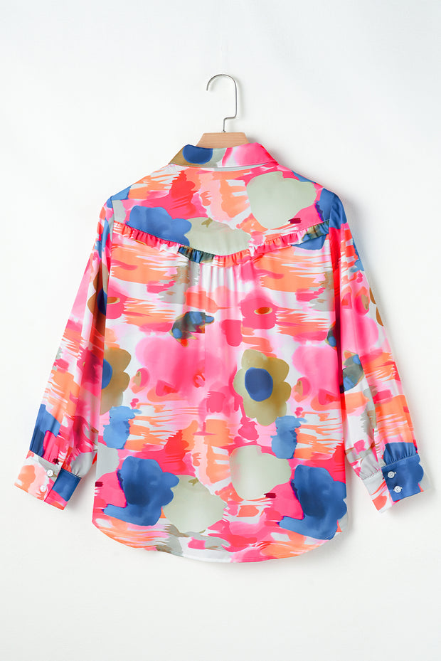 Rose Abstract Print Ruffled Puff Sleeve Shirt