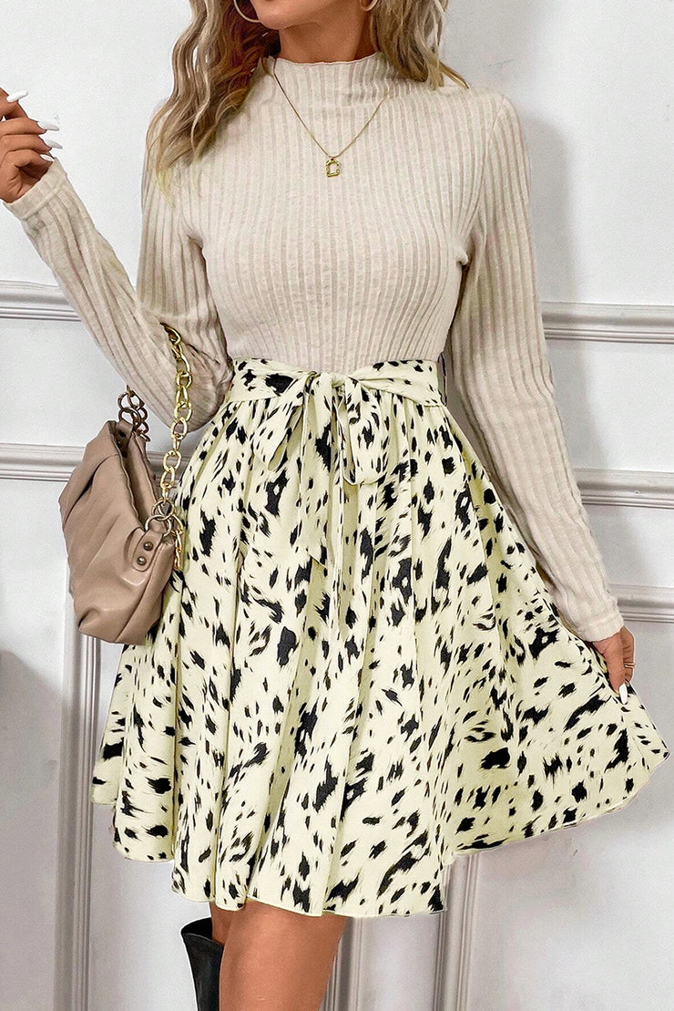 Beige Ribbed Knit Patchwork Printed Belted A-line Dress