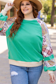 Sky Blue Plus Size Plaid Floral Patchwork Raglan Sleeve Sweatshirt