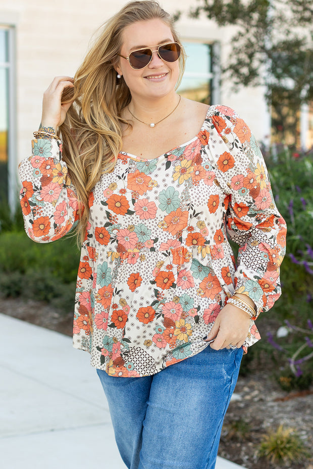 Khaki Plus Size Flower Print Square Neck Peplum Blouse