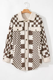 Brown Color Block Checkered Print Corduroy Plus Size Shacket