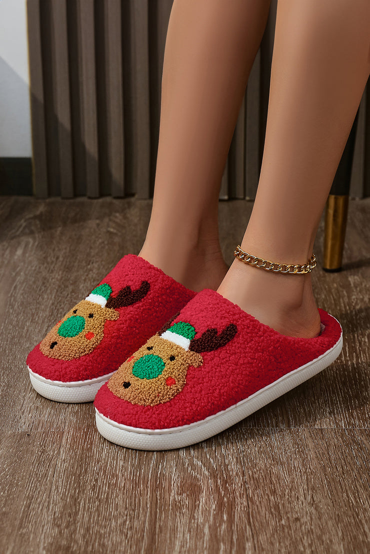 Fiery Red Christmas Reindeer Pattern Thick Sole Plush Slippers