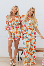 Orange Vibrant Floral Printed Short Sleeve Top 2 Piece Pants Set