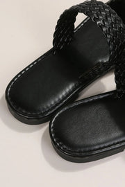 Black Braided Double Band Leathered Flat Slippers