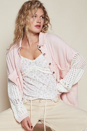 POL Openwork Lantern Sleeve Button Down Gauze Shirt