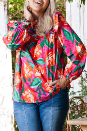 Rose Floral Print Pleated Ruffled O Neck Plus Size Blouse