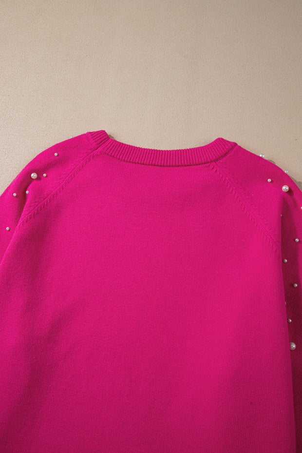 Strawberry Pink Pearled Decor Raglan Sleeve Plus Size Sweater