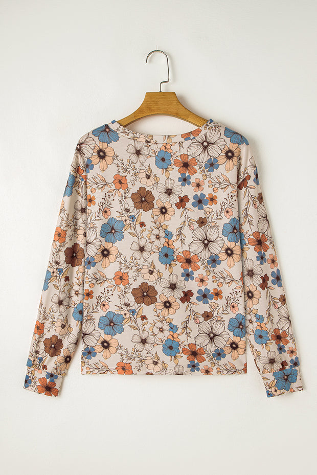 Khaki Floral Print Loose Crew Neck Long Sleeve T Shirt