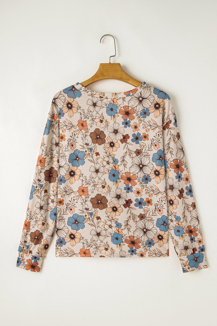 Khaki Floral Print Loose Crew Neck Long Sleeve T Shirt