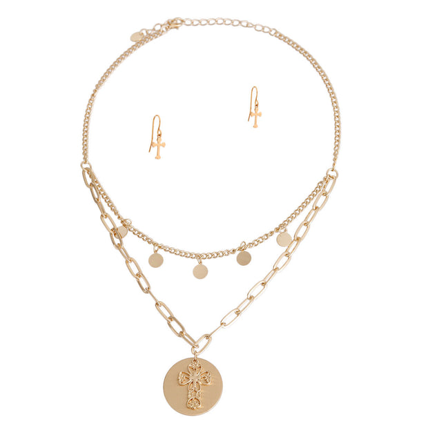 Gold Cross Charm Layered Chain