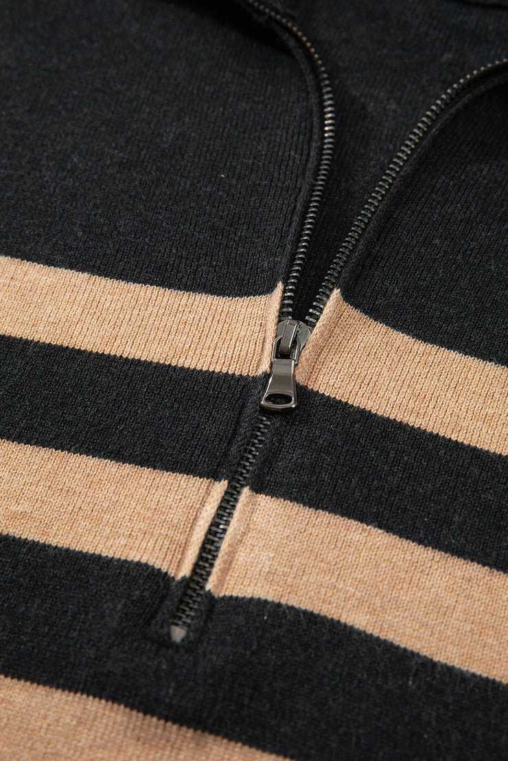 Black Stripe Collared Quarter Zipper Oversized Sweater