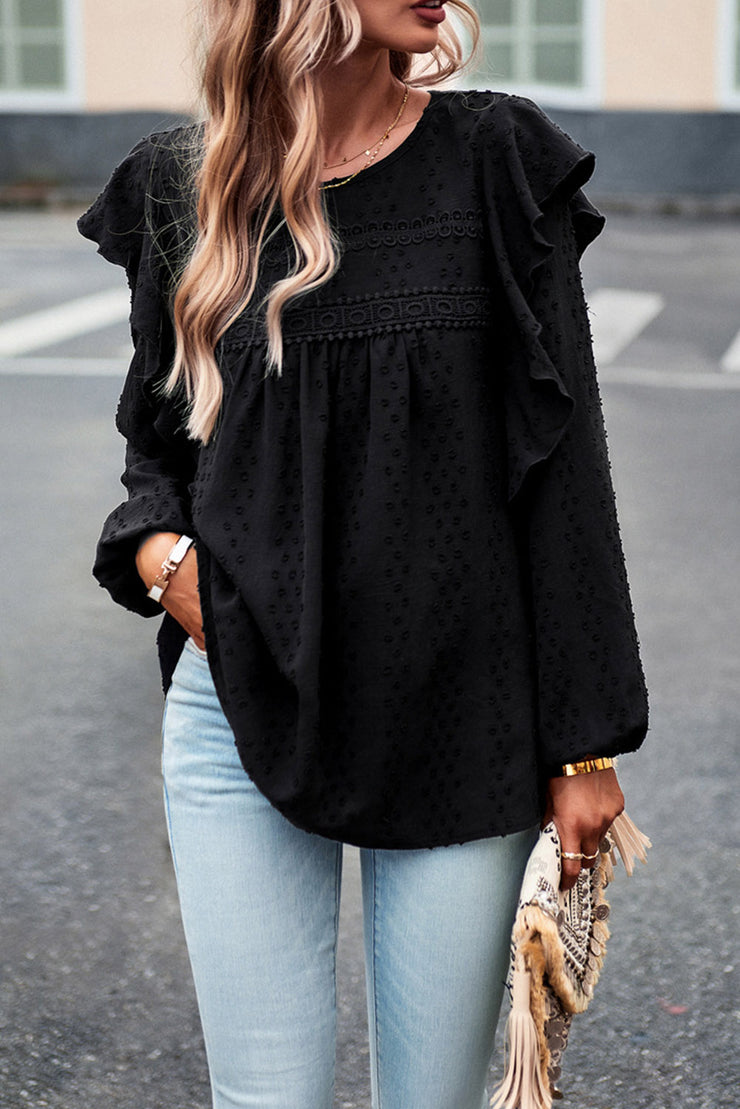 Black Lace Eyelet Ruffle Shoulder Long Sleeve Blouse