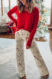 Red Solid Top and Christmas Pants Two Piece Lounge Set