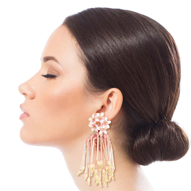 Blush Flower Beaded Tassel Earrings