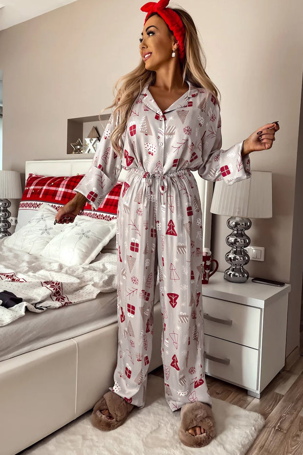 Light Grey Christmas Printed Shirt and Pants Pajama Set