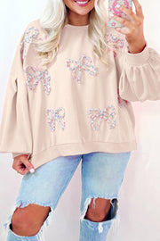 Parchment Embroidered Bow Lantern Sleeve Oversized Pullover Sweatshirt