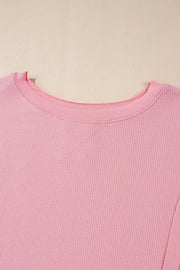 Pink Waffle Knit Bishop Sleeve Split Oversized Sweatshirt