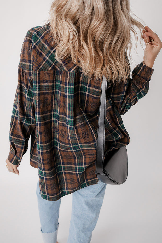 Brown Plaid Print Chest Pockets Buttoned Shirt Jacket