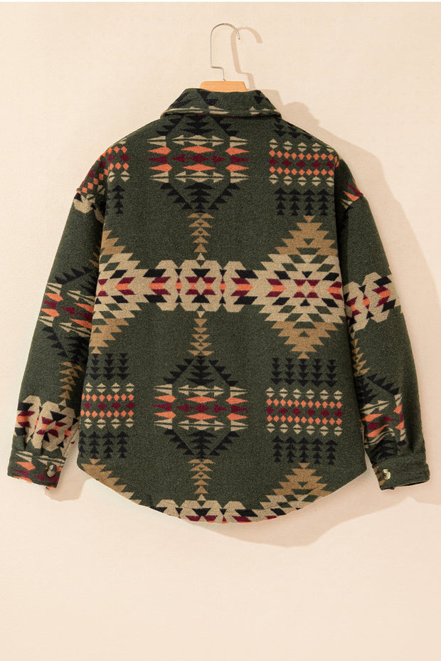 Green Aztec Print Flap Pockets Long Sleeve Shacket